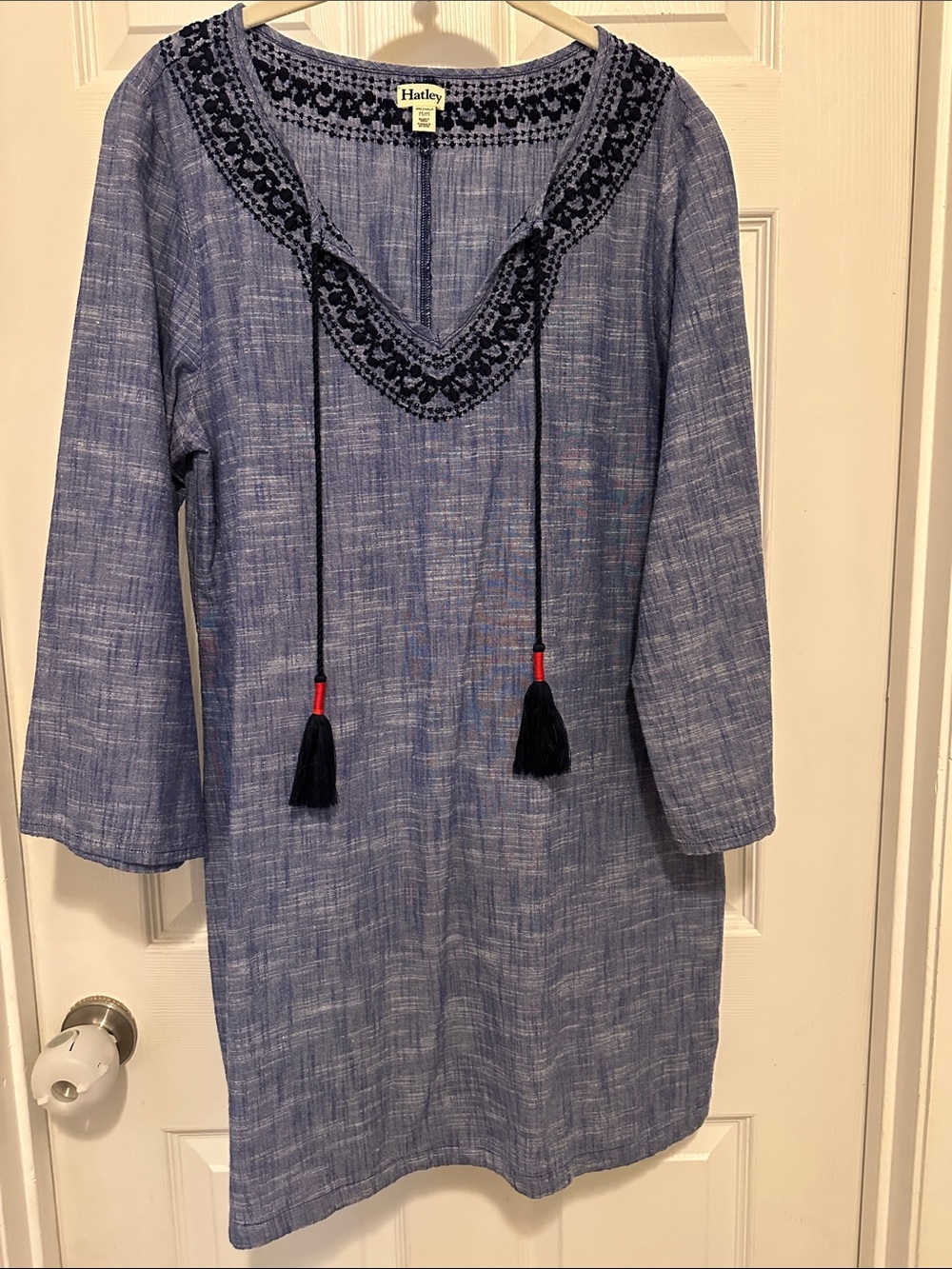 Hatley Light Blue Organic Cotton Tunic Dress with Navy Embroidery and Tassels